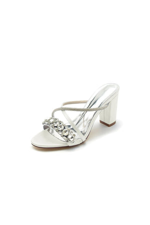 Silver Satin High Heels with Crystal and Metal Embellishments - KissProm
