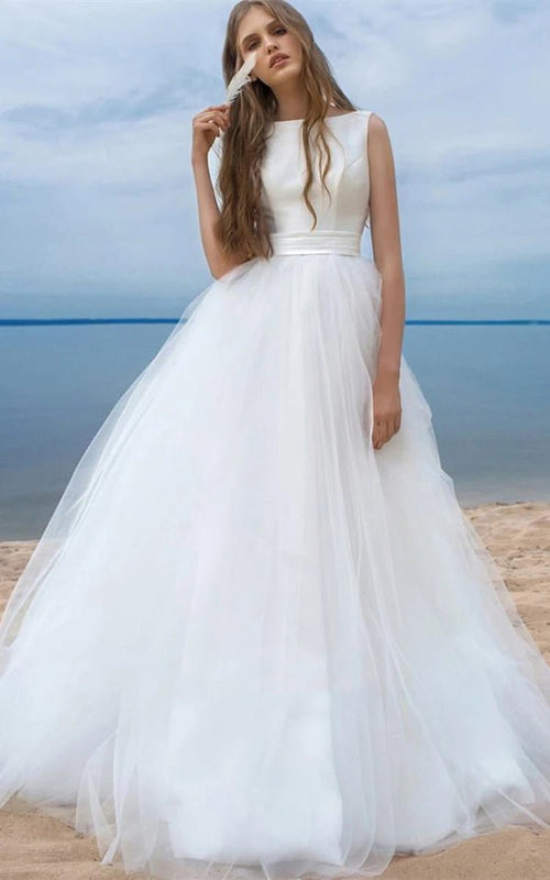 Simple Ball Gown Satin Tulle Bateau Sleeveless Wedding Dress With Bow and Ribbon – Wedding Dresses by KissProm | Available at KissProm