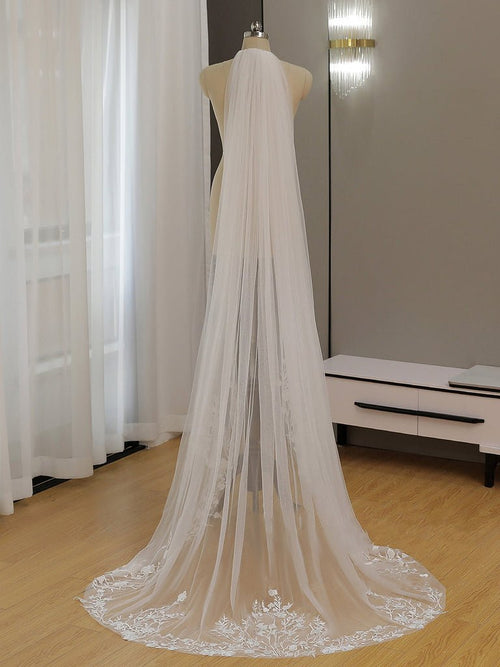 Simple Floral Lace Chapel Train Veil Bridal Veil Wedding Veil - KissProm