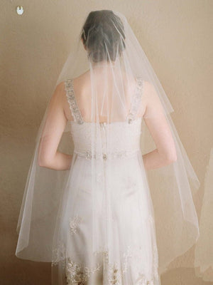 Simple Ivory Tulle Drop Veil Crystal Comb Wedding Veils - KissProm