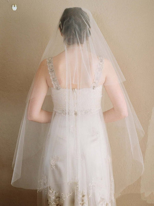 Simple Ivory Tulle Drop Veil Crystal Comb Wedding Veils - KissProm