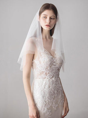 Simple Ivory Tulle Wedding Veil Waist Length with Pearls