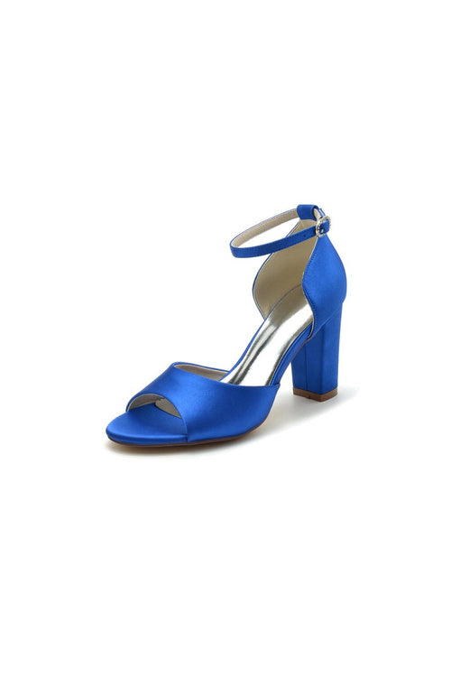 Simple Open Toe Ankle Strap Satin Chunky Heels - KissProm