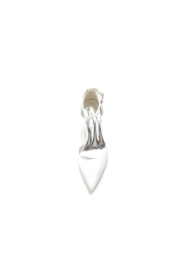 Simple Satin Pointed Toe Ankle Strap Chunky Heel - KissProm