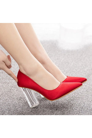 Simple Satin Slip on Pointed Toe Transparent Block Heels - KissProm