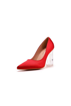 Simple Satin Slip on Pointed Toe Transparent Block Heels - KissProm