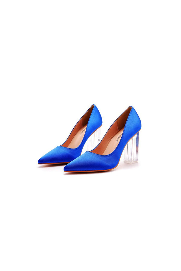 Simple Satin Slip on Pointed Toe Transparent Block Heels - KissProm
