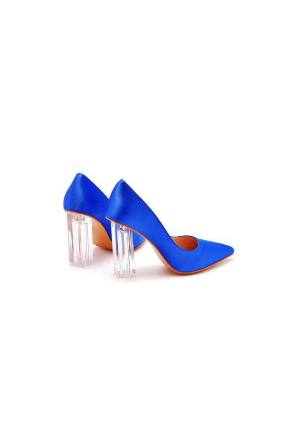 Simple Satin Slip on Pointed Toe Transparent Block Heels - KissProm