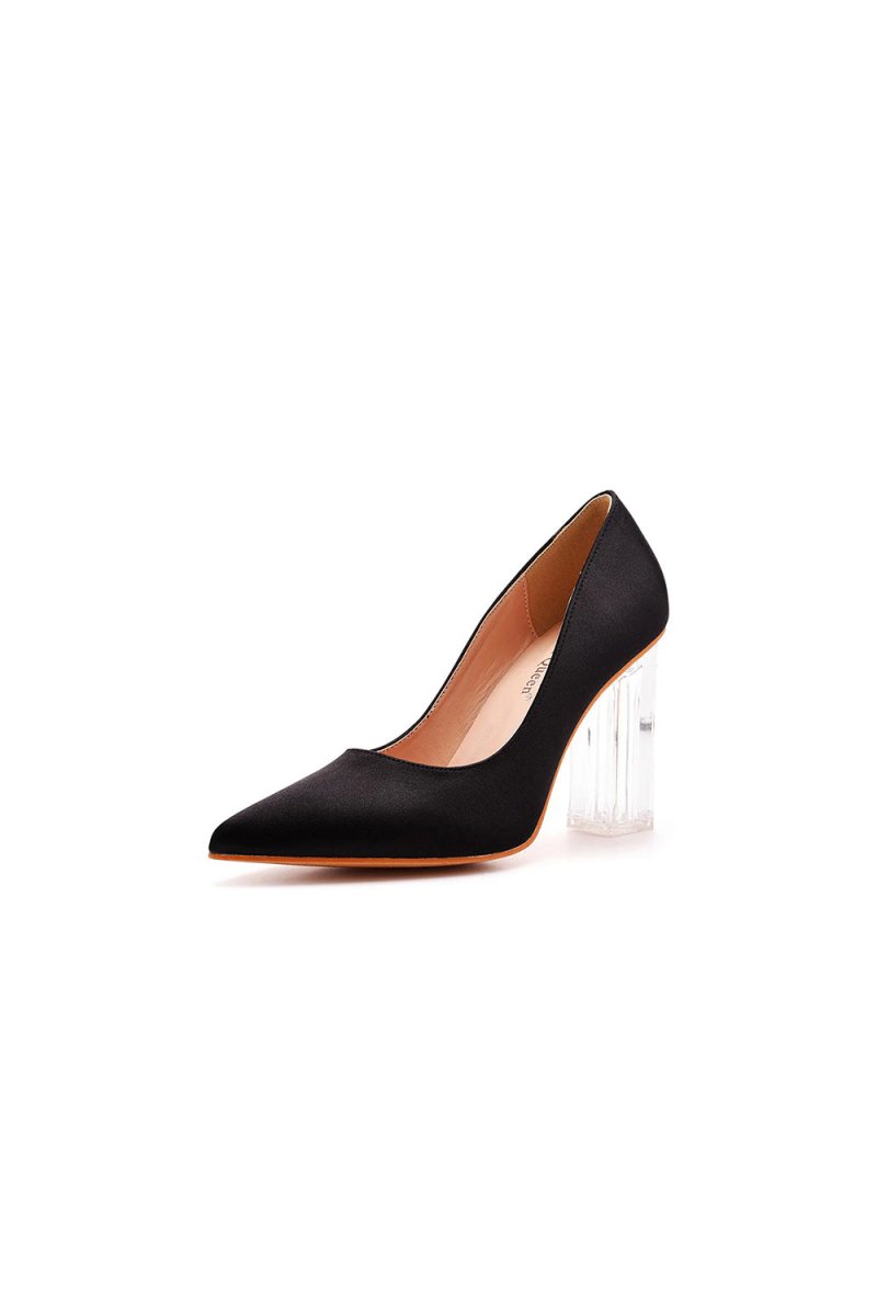 Simple Satin Slip on Pointed Toe Transparent Block Heels - KissProm
