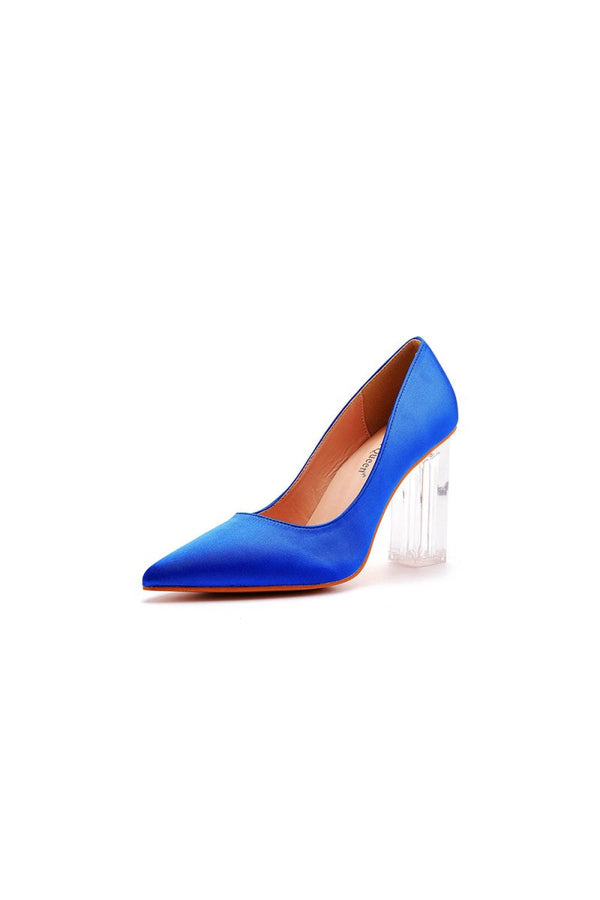 Simple Satin Slip on Pointed Toe Transparent Block Heels - KissProm