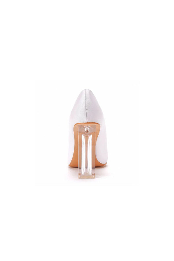 Simple Satin Slip on Pointed Toe Transparent Block Heels - KissProm