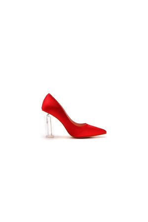 Simple Satin Slip on Pointed Toe Transparent Block Heels - KissProm