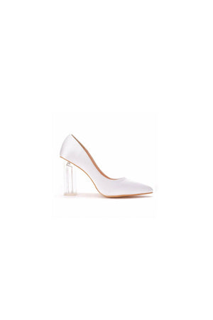 Simple Satin Slip on Pointed Toe Transparent Block Heels - KissProm