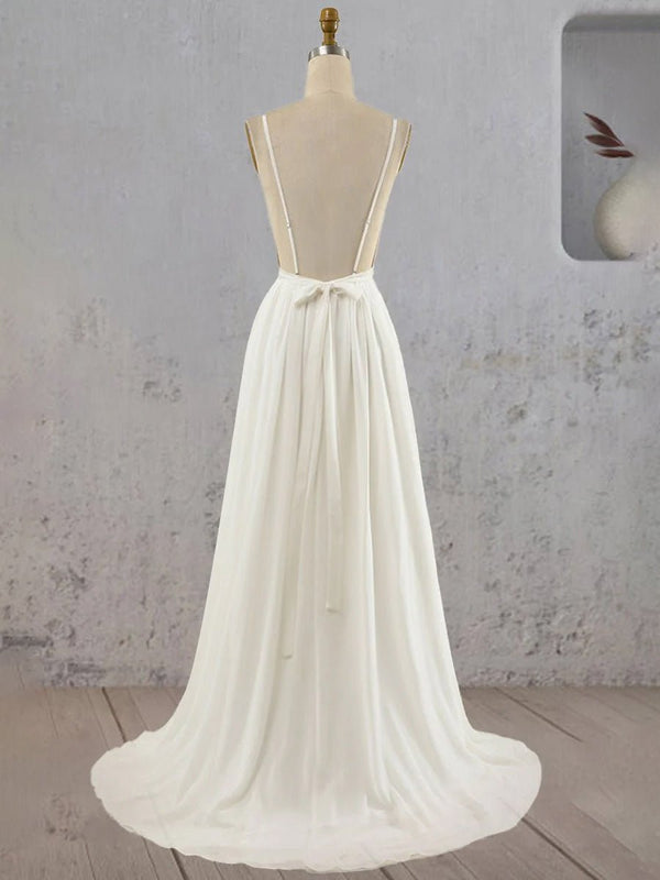 Serafina | A - Line V Neck Straps Spaghetti Sheath Chiffon Wedding Dress - KissProm