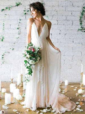 Serafina | A - Line V Neck Straps Spaghetti Sheath Chiffon Wedding Dress - KissProm