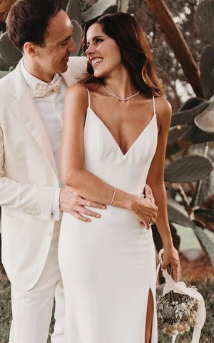 Simple Mermaid Satin Wedding Dress With Split Front And Deep-V Back