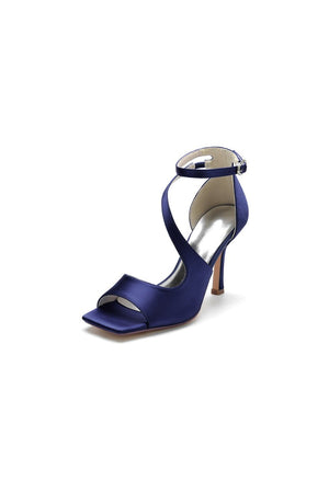 Simple Square Open Toe Ankle Strap Satin Prom Shoes - KissProm
