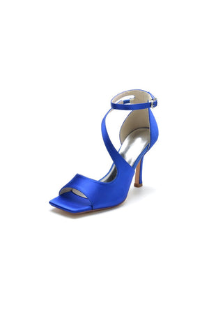 Simple Square Open Toe Ankle Strap Satin Prom Shoes - KissProm