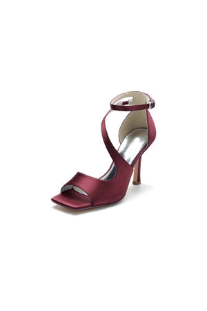 Simple Square Open Toe Ankle Strap Satin Prom Shoes - KissProm