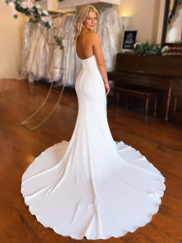 Simple White Boho Mermaid Satin Long Sleeveless Wedding Dress – Wedding Dress by KissProm | Available at KissProm