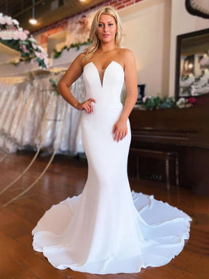 Simple White Boho Mermaid Satin Long Sleeveless Wedding Dress – Wedding Dress by KissProm | Available at KissProm