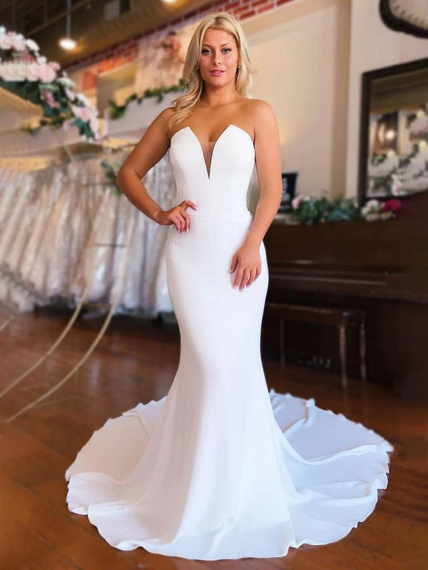 Simple White Boho Mermaid Satin Long Sleeveless Wedding Dress – Wedding Dress by KissProm | Available at KissProm