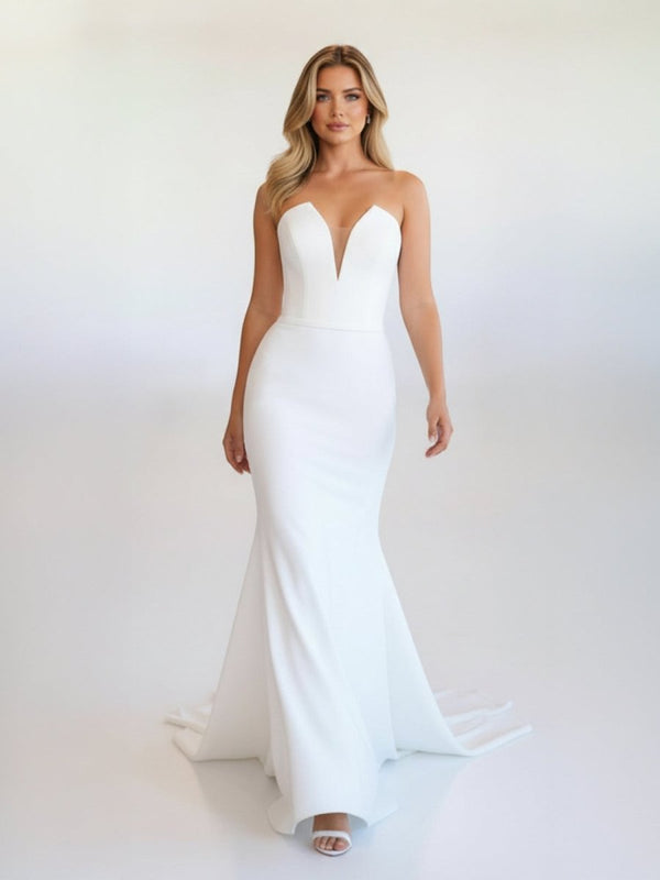 Simple White Boho Mermaid Satin Long Sleeveless Wedding Dress – Wedding Dress by KissProm | Available at KissProm
