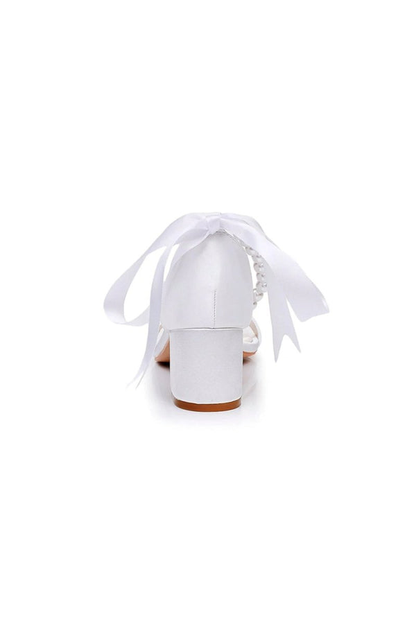 Single Strap Chunky Heels Sandals with Beaded Ribbons - KissProm