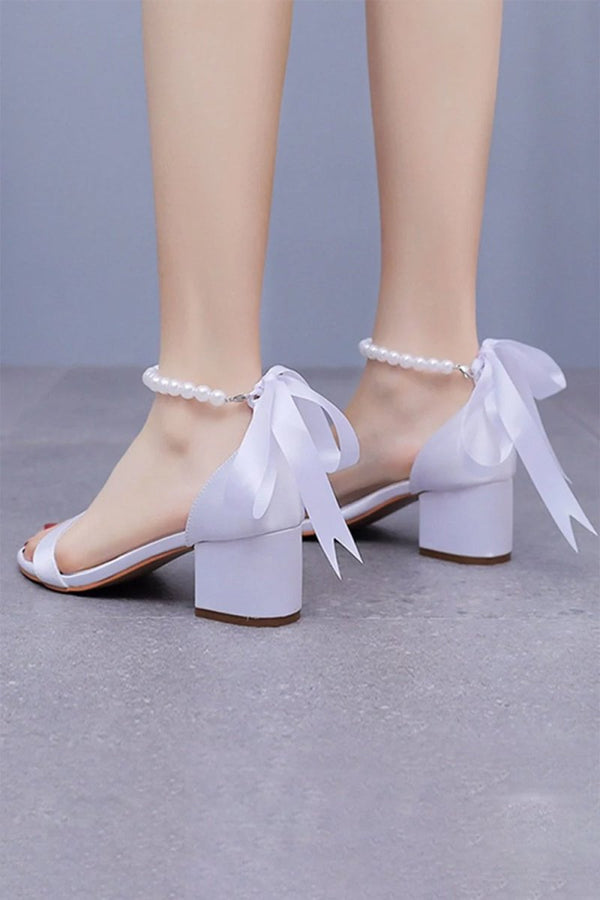 Single Strap Chunky Heels Sandals with Beaded Ribbons - KissProm