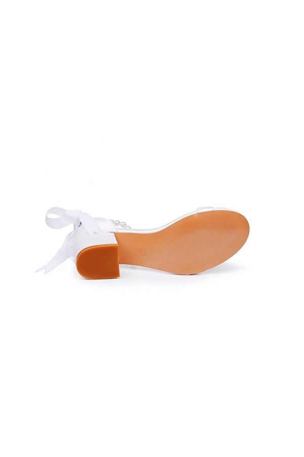 Single Strap Chunky Heels Sandals with Beaded Ribbons - KissProm