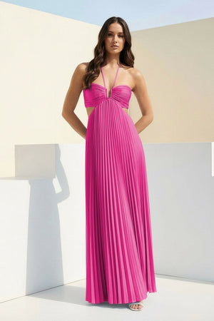 Sky Blue Halter Pleated Satin A Line Prom Dresses With Cutout – Prom Dress by KissProm | Available at KissProm