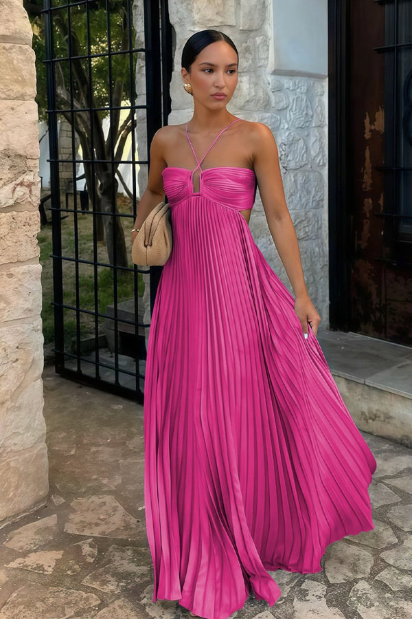 Sky Blue Halter Pleated Satin A Line Prom Dresses With Cutout – Prom Dress by KissProm | Available at KissProm