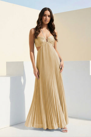 Sky Blue Halter Pleated Satin A Line Prom Dresses With Cutout – Prom Dress by KissProm | Available at KissProm