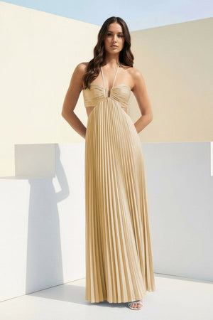 Sky Blue Halter Pleated Satin A Line Prom Dresses With Cutout – Prom Dress by KissProm | Available at KissProm