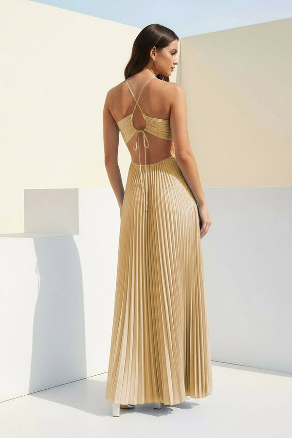 Sky Blue Halter Pleated Satin A Line Prom Dresses With Cutout – Prom Dress by KissProm | Available at KissProm