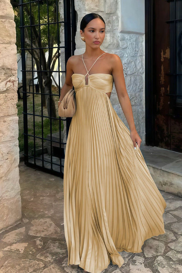 Sky Blue Halter Pleated Satin A Line Prom Dresses With Cutout – Prom Dress by KissProm | Available at KissProm