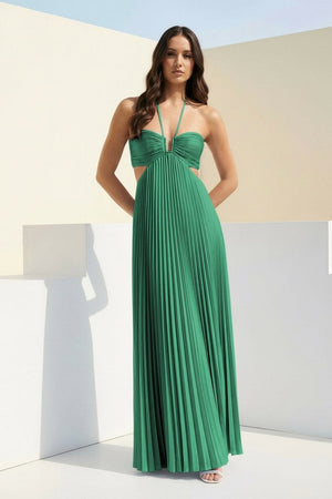 Sky Blue Halter Pleated Satin A Line Prom Dresses With Cutout – Prom Dress by KissProm | Available at KissProm
