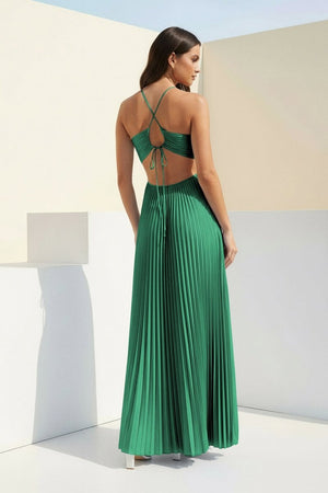 Sky Blue Halter Pleated Satin A Line Prom Dresses With Cutout – Prom Dress by KissProm | Available at KissProm