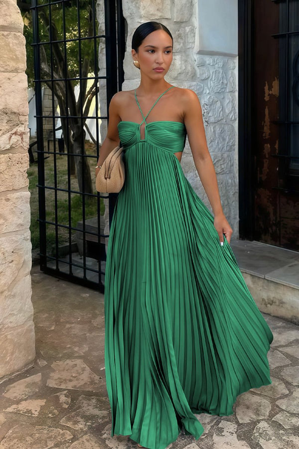 Sky Blue Halter Pleated Satin A Line Prom Dresses With Cutout – Prom Dress by KissProm | Available at KissProm
