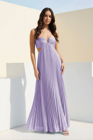 Sky Blue Halter Pleated Satin A Line Prom Dresses With Cutout – Prom Dress by KissProm | Available at KissProm