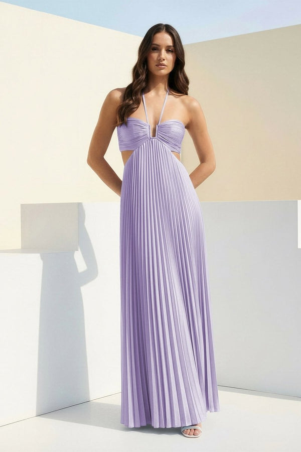 Sky Blue Halter Pleated Satin A Line Prom Dresses With Cutout – Prom Dress by KissProm | Available at KissProm
