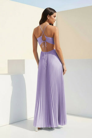 Sky Blue Halter Pleated Satin A Line Prom Dresses With Cutout – Prom Dress by KissProm | Available at KissProm