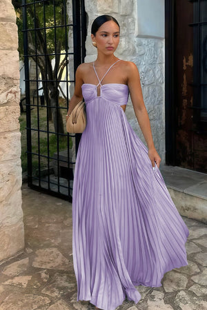 Sky Blue Halter Pleated Satin A Line Prom Dresses With Cutout – Prom Dress by KissProm | Available at KissProm