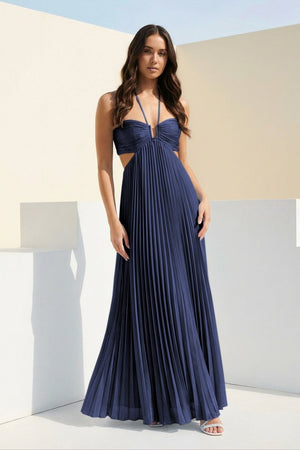 Sky Blue Halter Pleated Satin A Line Prom Dresses With Cutout – Prom Dress by KissProm | Available at KissProm