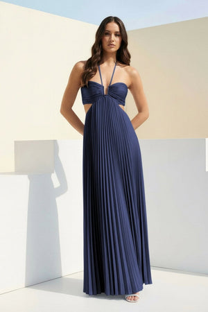 Sky Blue Halter Pleated Satin A Line Prom Dresses With Cutout – Prom Dress by KissProm | Available at KissProm