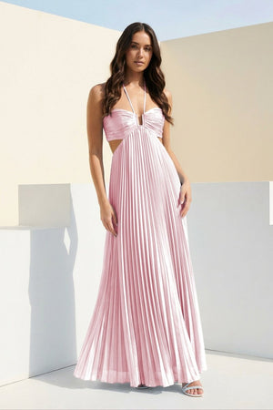Sky Blue Halter Pleated Satin A Line Prom Dresses With Cutout – Prom Dress by KissProm | Available at KissProm