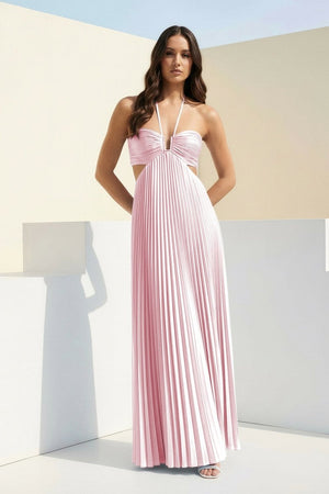 Sky Blue Halter Pleated Satin A Line Prom Dresses With Cutout – Prom Dress by KissProm | Available at KissProm