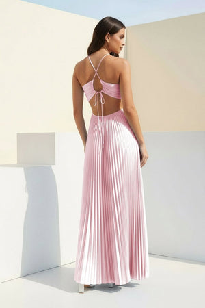 Sky Blue Halter Pleated Satin A Line Prom Dresses With Cutout – Prom Dress by KissProm | Available at KissProm