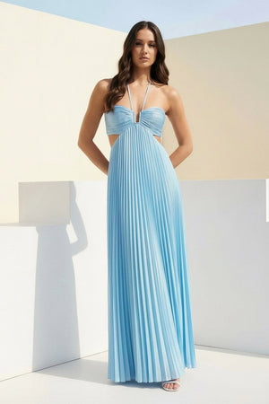 Sky Blue Halter Pleated Satin A Line Prom Dresses With Cutout – Prom Dress by KissProm | Available at KissProm
