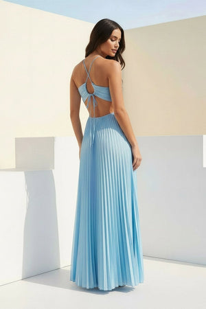 Sky Blue Halter Pleated Satin A Line Prom Dresses With Cutout – Prom Dress by KissProm | Available at KissProm